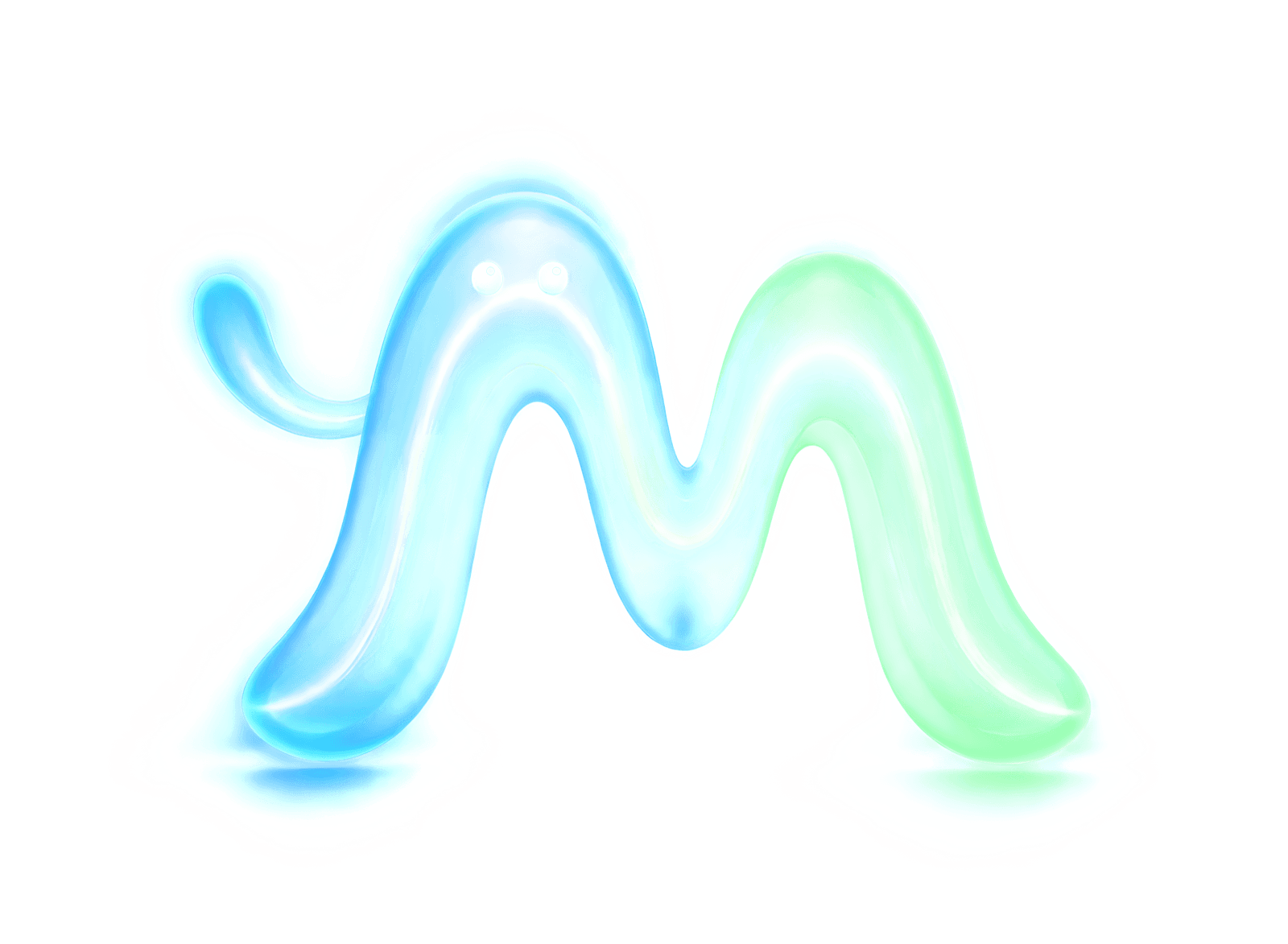 Mojo, the MOJO.ME helper, a ribbon of blue and green light shaped like an M