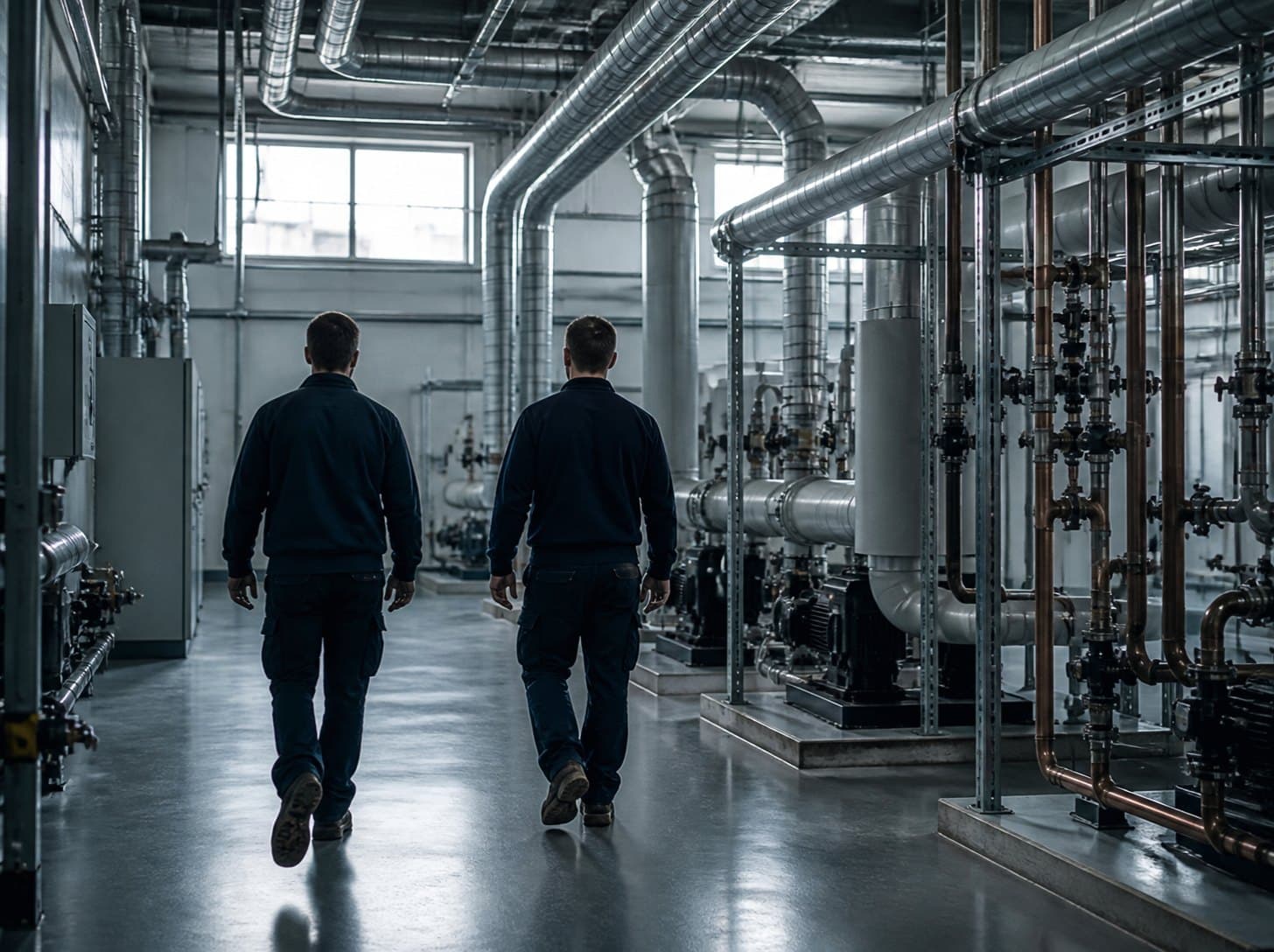 Two engineers walking through a finished plant room at a commercial unit
