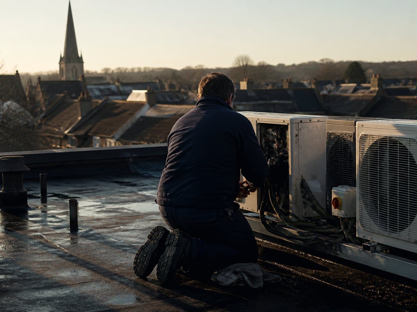An engineer servicing rooftop air conditioning units in low afternoon sun